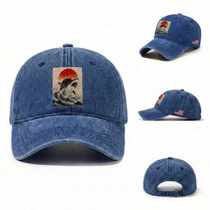 Black Cat Hunting Shark Ukiyo e Ocean Art Washed Cotton Baseball Cap Funny Japanese Style Graphic TS11 Washed Cap Universal Fit Royal Blue Print Your Wear