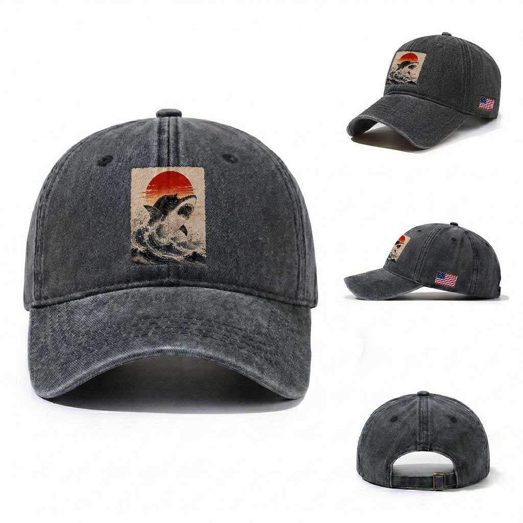 Black Cat Hunting Shark Ukiyo e Ocean Art Washed Cotton Baseball Cap Funny Japanese Style Graphic TS11 Washed Cap Universal Fit Dark Gray Print Your Wear
