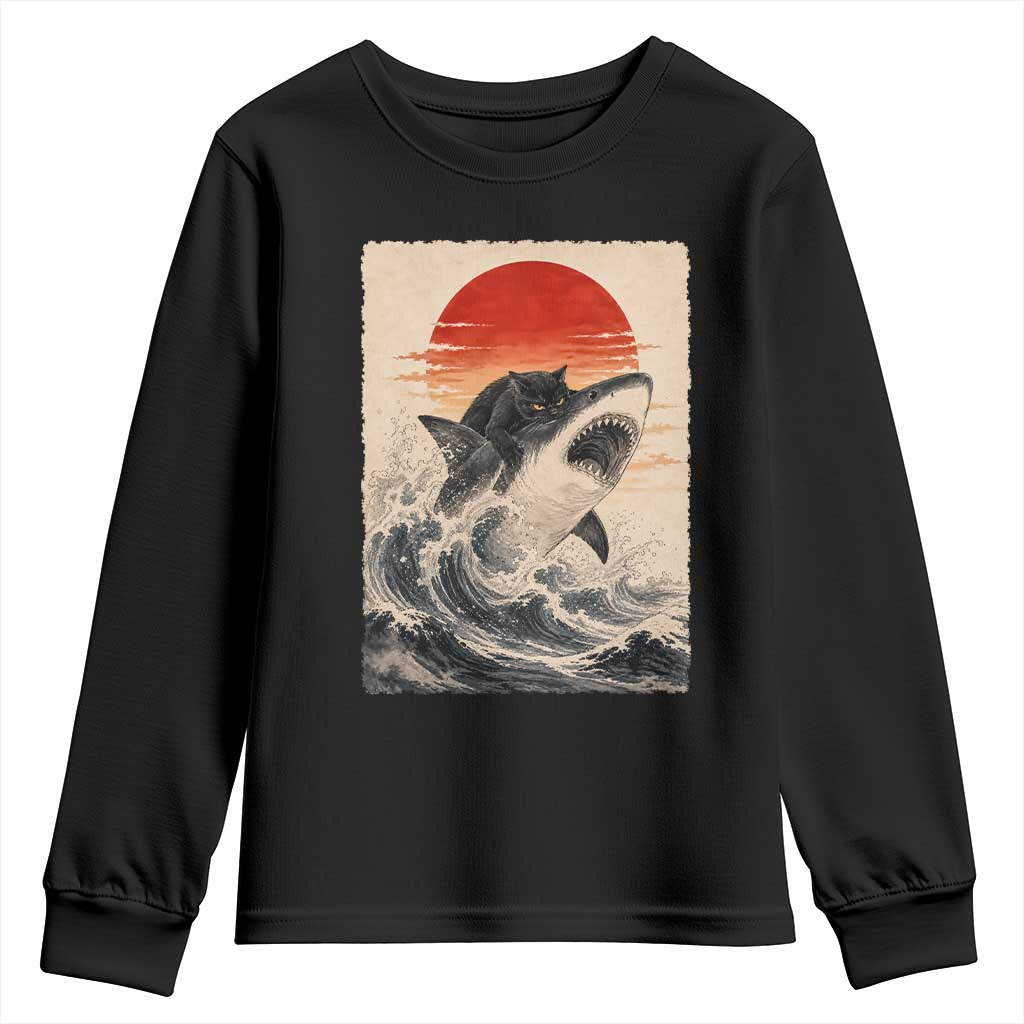 Black Cat Hunting Shark Ukiyo e Ocean Art Youth Sweatshirt Funny Japanese Style Graphic TS11 Black Print Your Wear