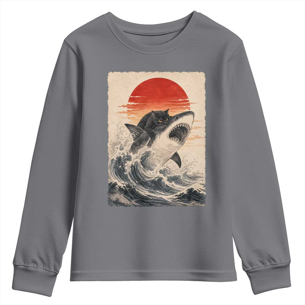 Black Cat Hunting Shark Ukiyo e Ocean Art Youth Sweatshirt Funny Japanese Style Graphic TS11 Charcoal Print Your Wear