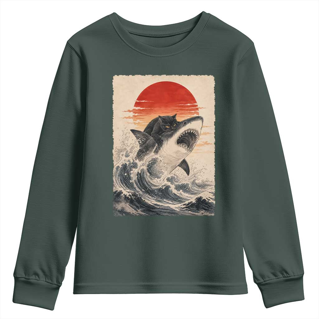 Black Cat Hunting Shark Ukiyo e Ocean Art Youth Sweatshirt Funny Japanese Style Graphic TS11 Dark Forest Green Print Your Wear