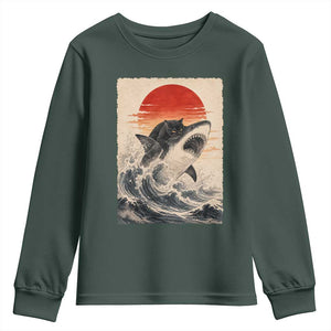 Black Cat Hunting Shark Ukiyo e Ocean Art Youth Sweatshirt Funny Japanese Style Graphic TS11 Dark Forest Green Print Your Wear