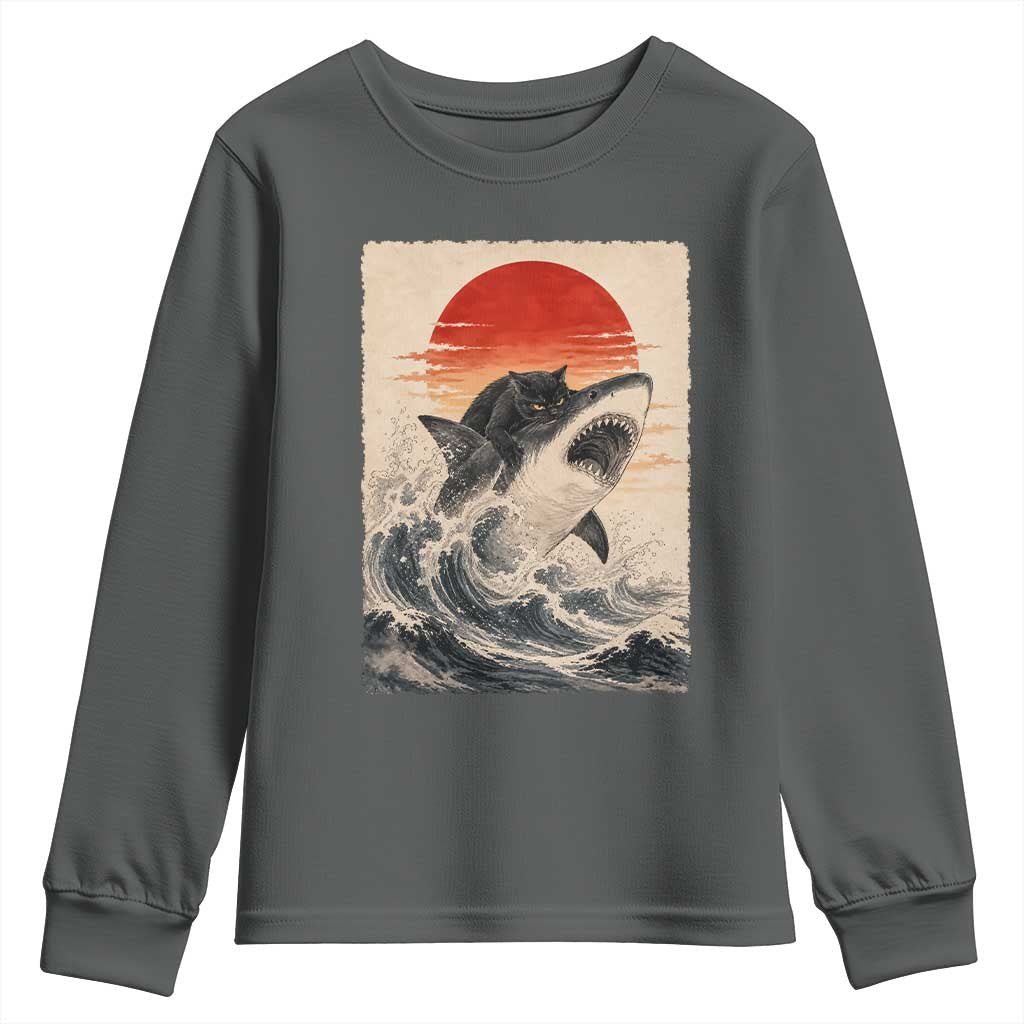 Black Cat Hunting Shark Ukiyo e Ocean Art Youth Sweatshirt Funny Japanese Style Graphic TS11 Dark Heather Print Your Wear
