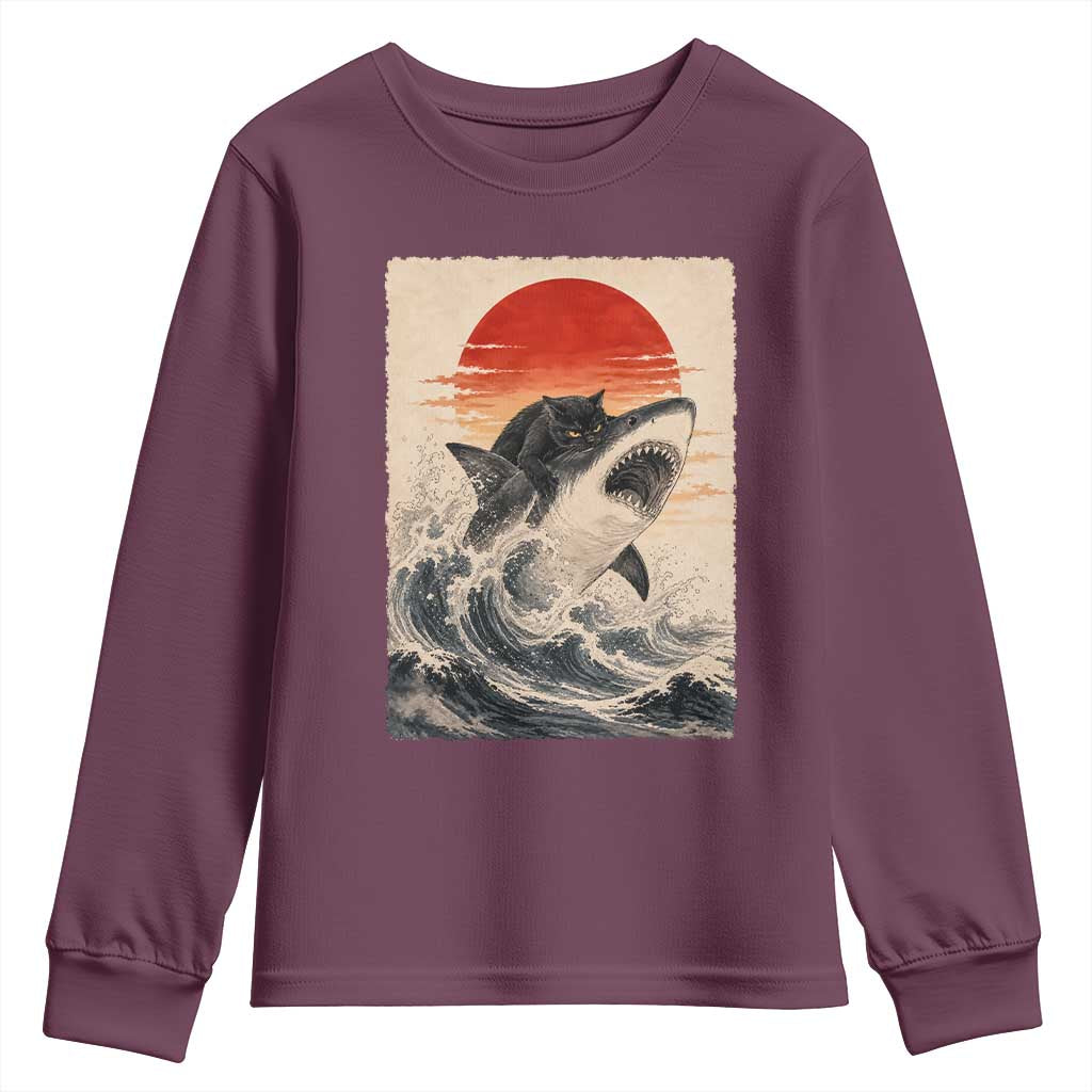 Black Cat Hunting Shark Ukiyo e Ocean Art Youth Sweatshirt Funny Japanese Style Graphic TS11 Maroon Print Your Wear