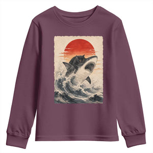 Black Cat Hunting Shark Ukiyo e Ocean Art Youth Sweatshirt Funny Japanese Style Graphic TS11 Maroon Print Your Wear