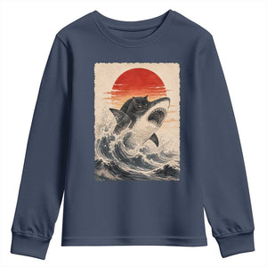 Black Cat Hunting Shark Ukiyo e Ocean Art Youth Sweatshirt Funny Japanese Style Graphic TS11 Navy Print Your Wear