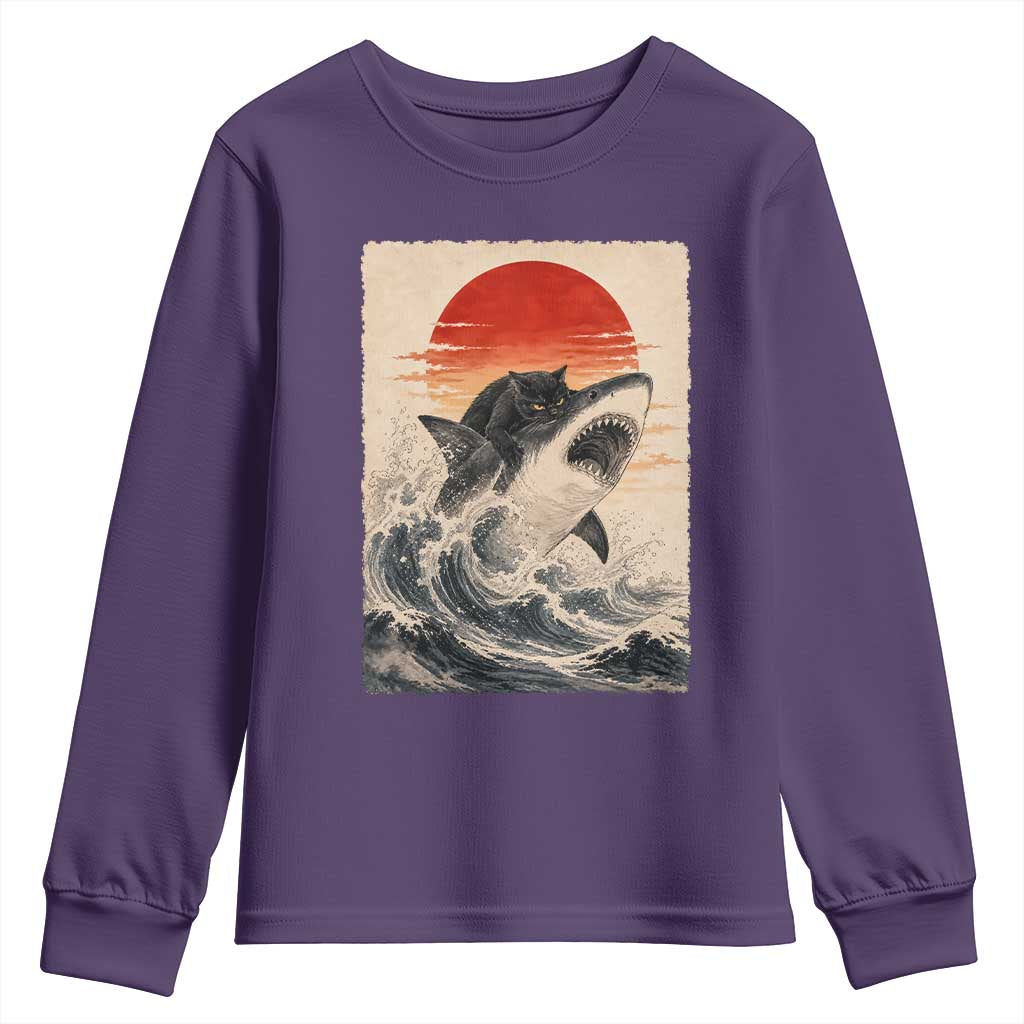 Black Cat Hunting Shark Ukiyo e Ocean Art Youth Sweatshirt Funny Japanese Style Graphic TS11 Purple Print Your Wear