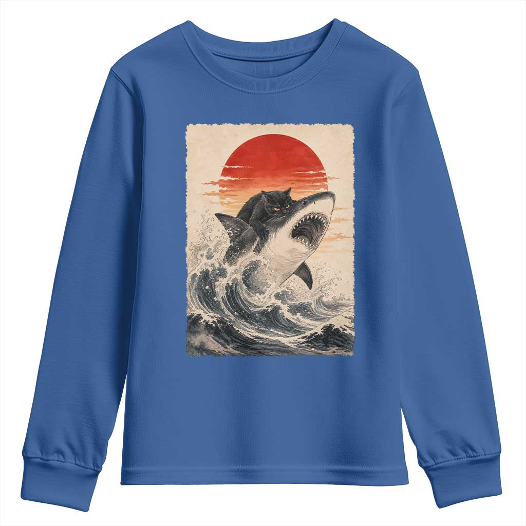 Black Cat Hunting Shark Ukiyo e Ocean Art Youth Sweatshirt Funny Japanese Style Graphic TS11 Royal Blue Print Your Wear
