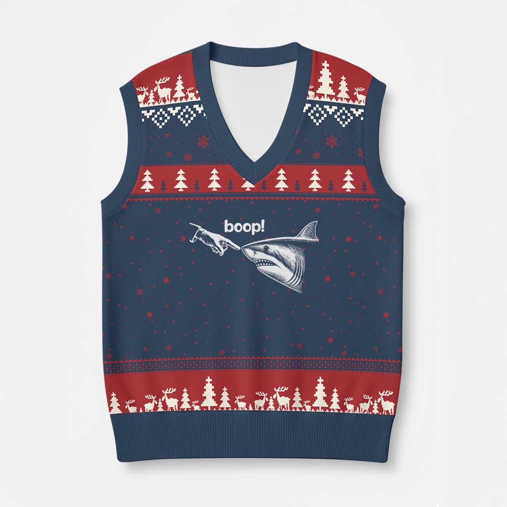 Boop Shark Meme V-Neck Knit Sweater Vest Funny Nose Touch Shark Lovers Ocean Life TS11 Navy Red Print Your Wear