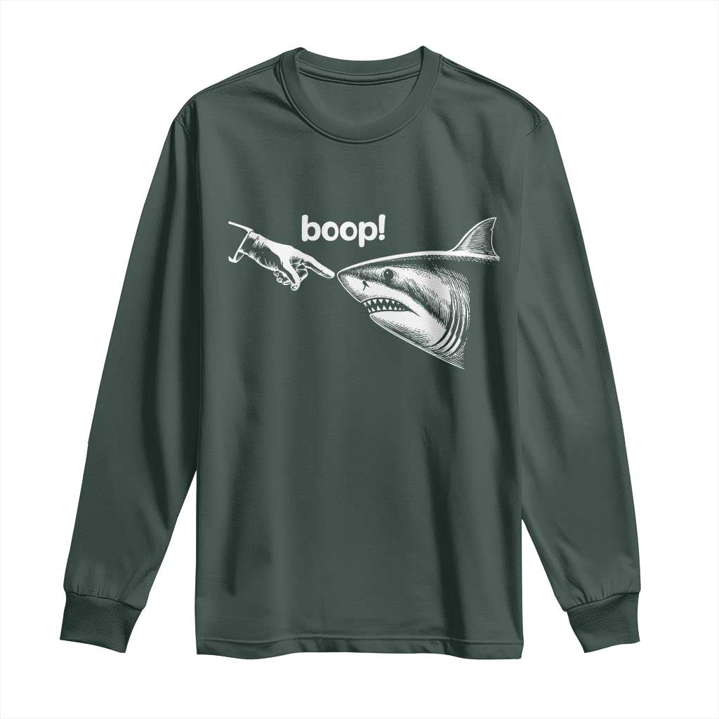 Boop Shark Meme Long Sleeve Shirt Funny Nose Touch Shark Lovers Ocean Life TS11 Dark Forest Green Print Your Wear