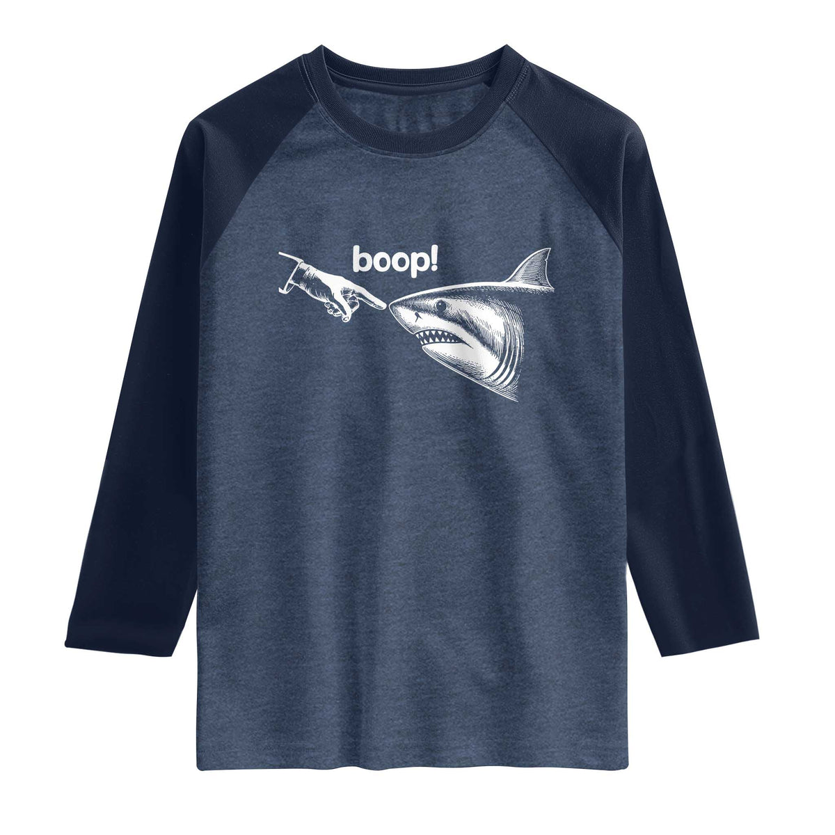 Boop Shark Meme Raglan Shirt Funny Nose Touch Shark Lovers Ocean Life TS11 Heather Denim Navy Print Your Wear
