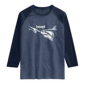 Boop Shark Meme Raglan Shirt Funny Nose Touch Shark Lovers Ocean Life TS11 Heather Denim Navy Print Your Wear