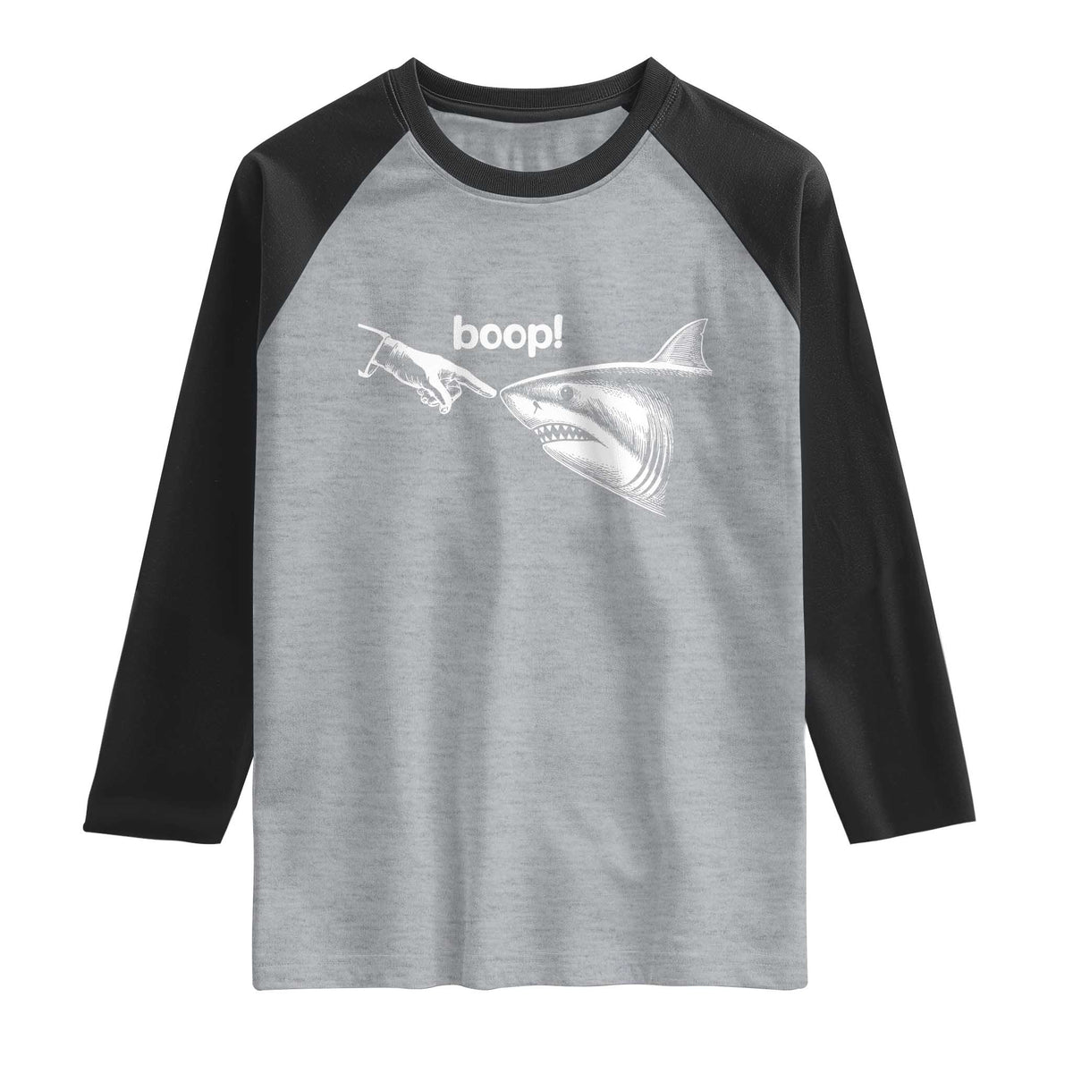 Boop Shark Meme Raglan Shirt Funny Nose Touch Shark Lovers Ocean Life TS11 Heather Gray Black Print Your Wear