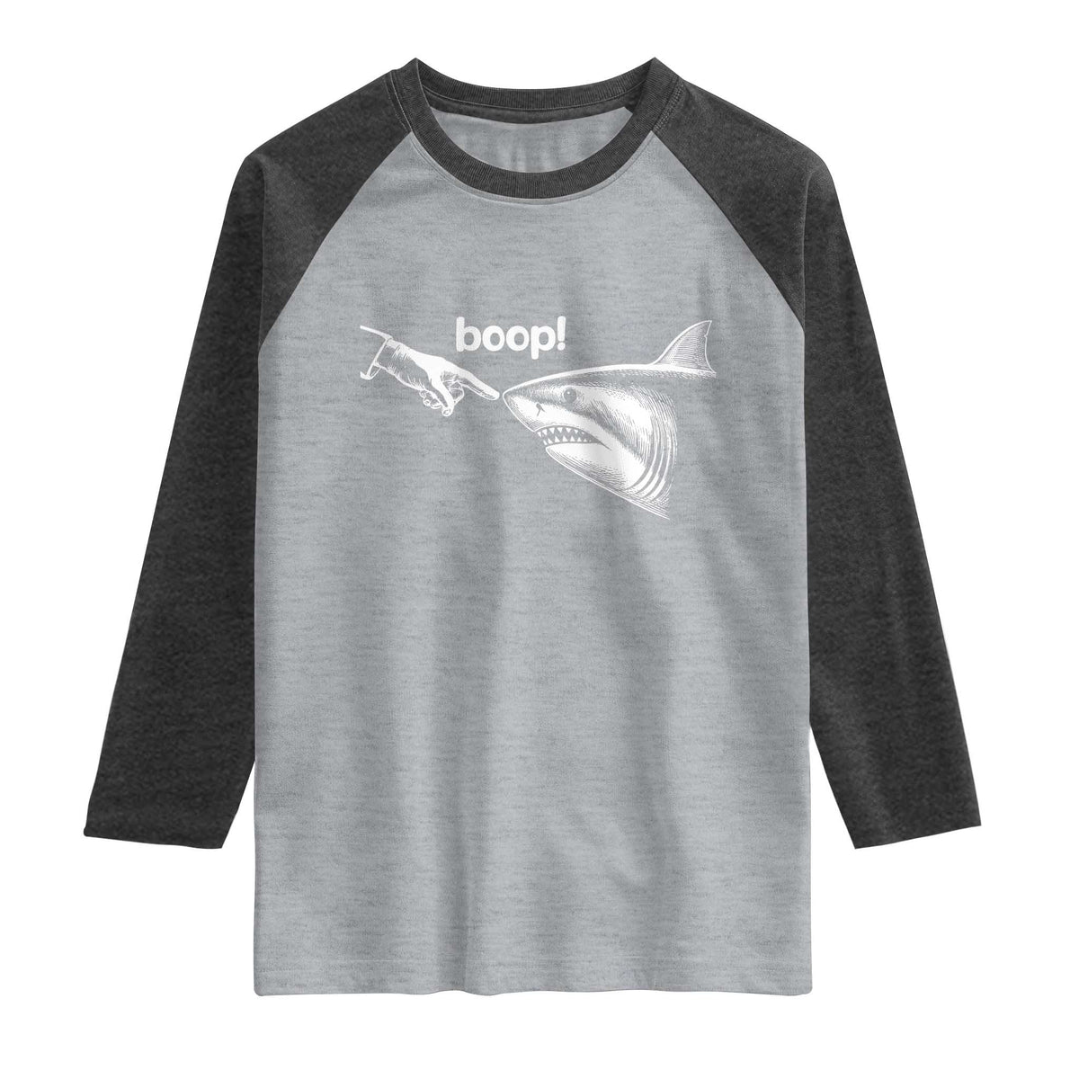 Boop Shark Meme Raglan Shirt Funny Nose Touch Shark Lovers Ocean Life TS11 Heather Gray Heather Charcoal Print Your Wear