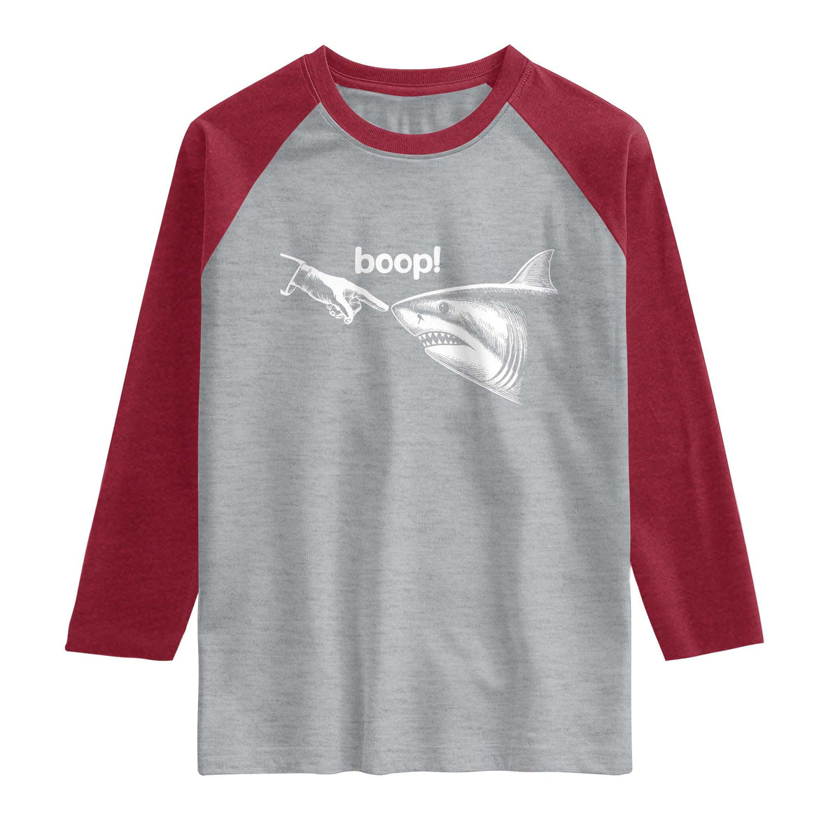 Boop Shark Meme Raglan Shirt Funny Nose Touch Shark Lovers Ocean Life TS11 Heather Gray Heather Red Print Your Wear