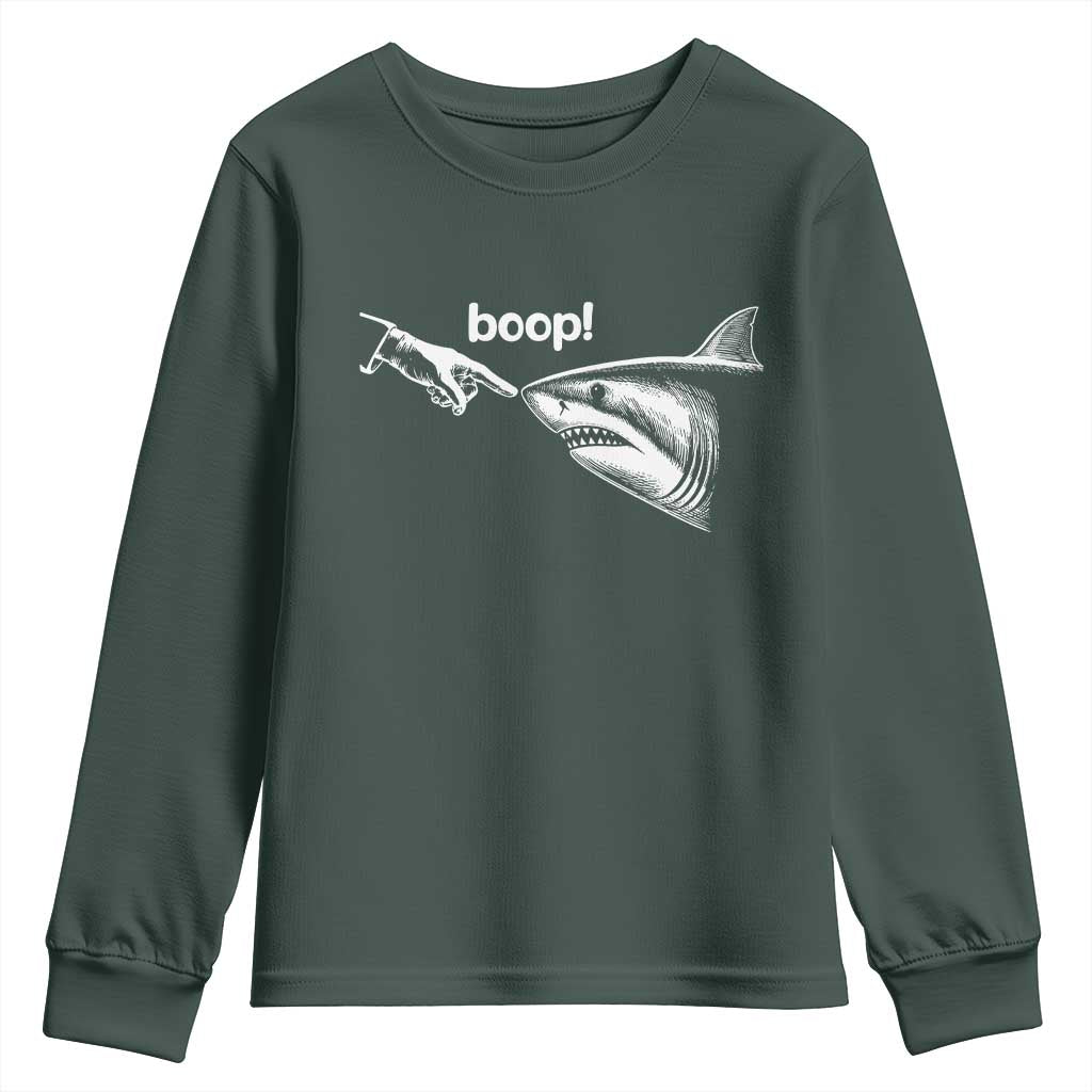 Boop Shark Meme Youth Sweatshirt Funny Nose Touch Shark Lovers Ocean Life TS11 Dark Forest Green Print Your Wear