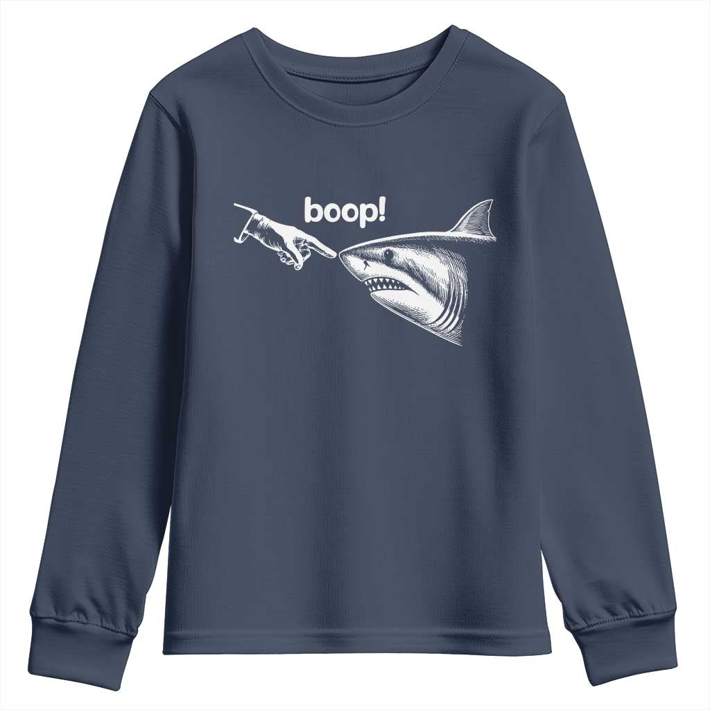 Boop Shark Meme Youth Sweatshirt Funny Nose Touch Shark Lovers Ocean Life TS11 Navy Print Your Wear