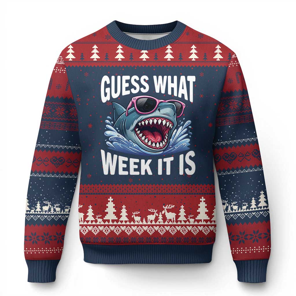 Funny Shark Guess What Week It Is Ugly Christmas Sweater Shark Awareness Support Ocean Summer TS11 Navy Red Print Your Wear