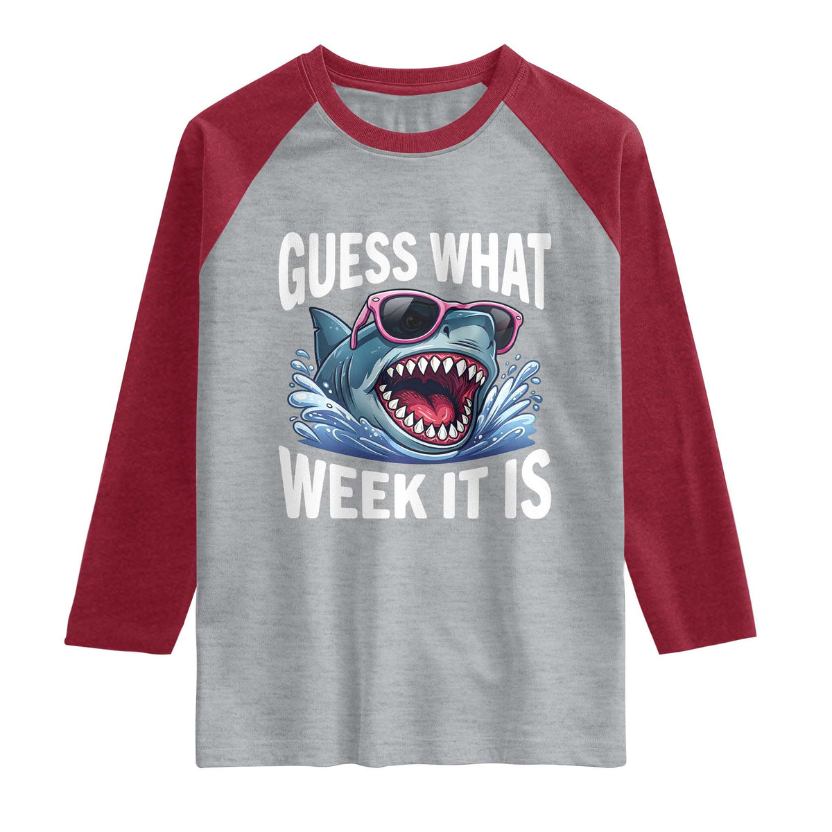 Funny Shark Guess What Week It Is Raglan Shirt Shark Awareness Support Ocean Summer TS11 Heather Gray Heather Red Print Your Wear