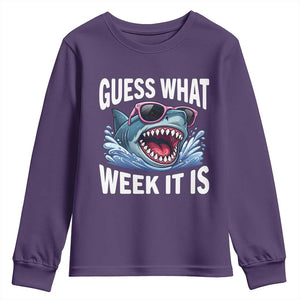 Funny Shark Guess What Week It Is Youth Sweatshirt Shark Awareness Support Ocean Summer TS11 Purple Print Your Wear