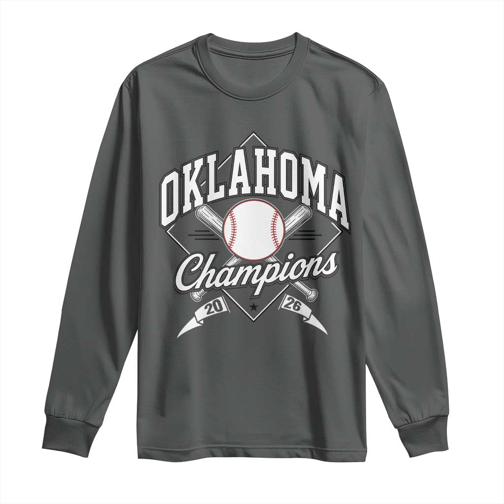 Oklahoma Champions 2026 Long Sleeve Shirt Baseball Pennant Flag Graphic TS11 Dark Heather Print Your Wear