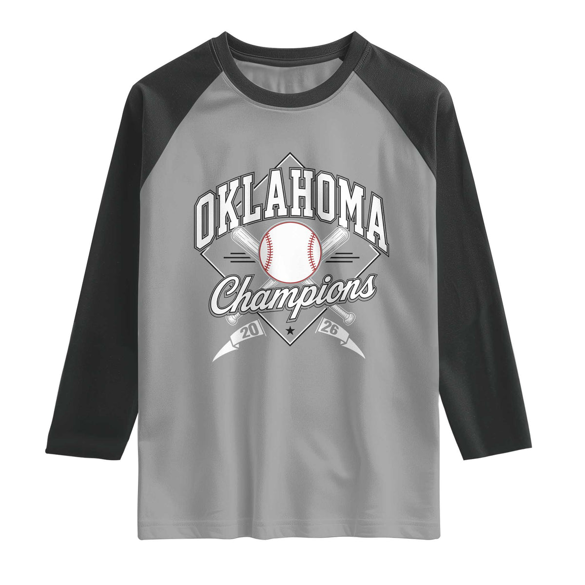 Oklahoma Champions 2026 Raglan Shirt Baseball Diamond Pennant Flag Graphic TS11 Sport Gray Black Print Your Wear