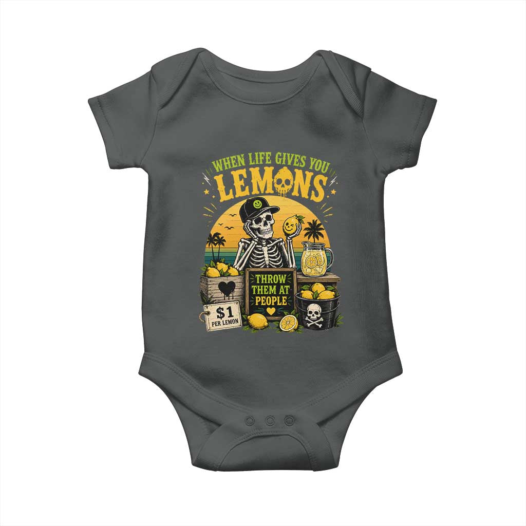 When Life Gives You Lemons Throw Them At People Baby Onesie Skeleton Lemon Jokes TS11 Dark Heather Print Your Wear