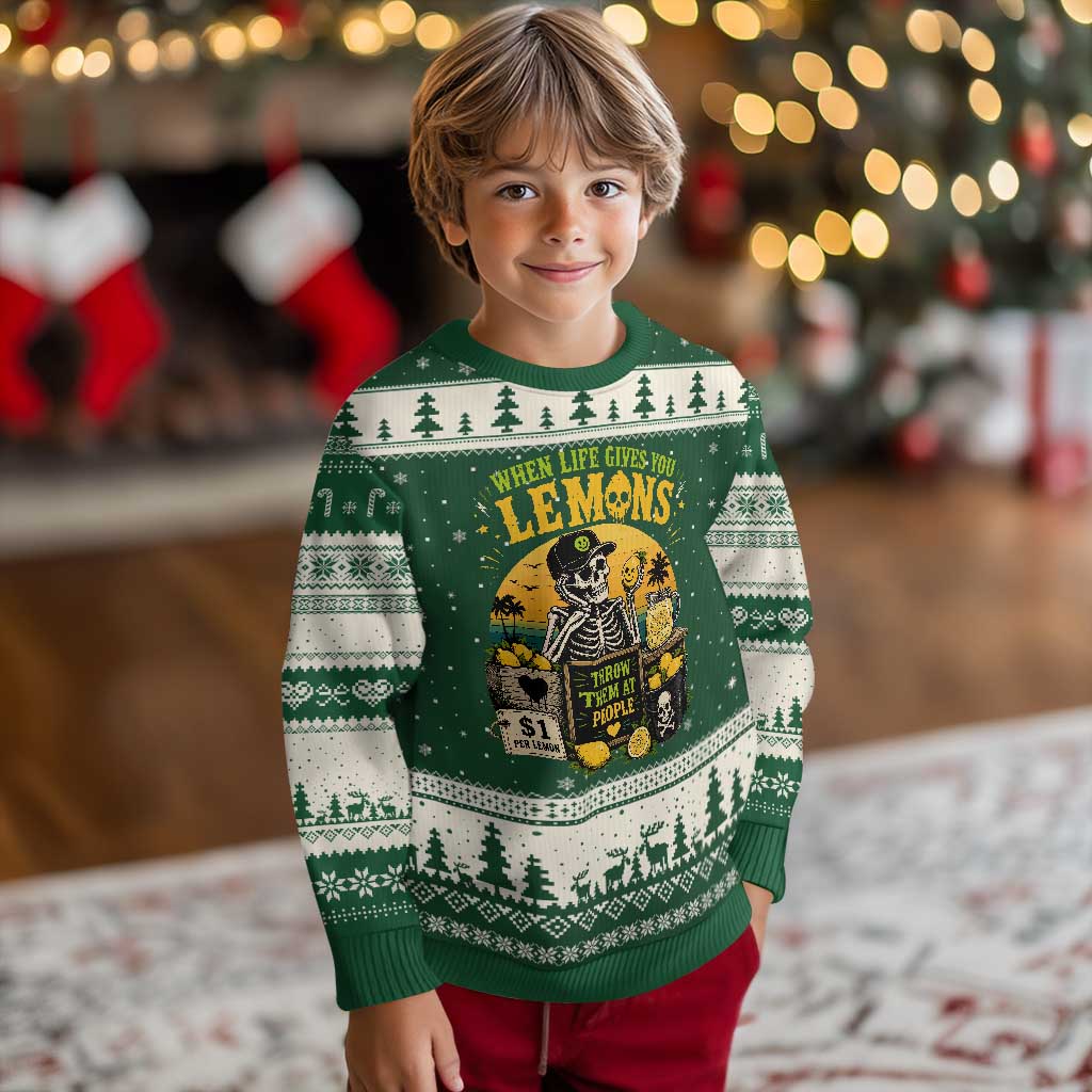 When Life Gives You Lemons Throw Them At People Ugly Christmas Sweater Skeleton Lemon Jokes TS11 Forest Green Beige Print Your Wear