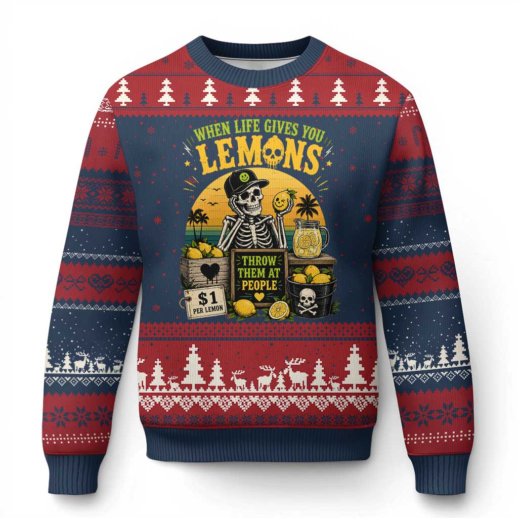 When Life Gives You Lemons Throw Them At People Ugly Christmas Sweater Skeleton Lemon Jokes TS11 Navy Red Print Your Wear