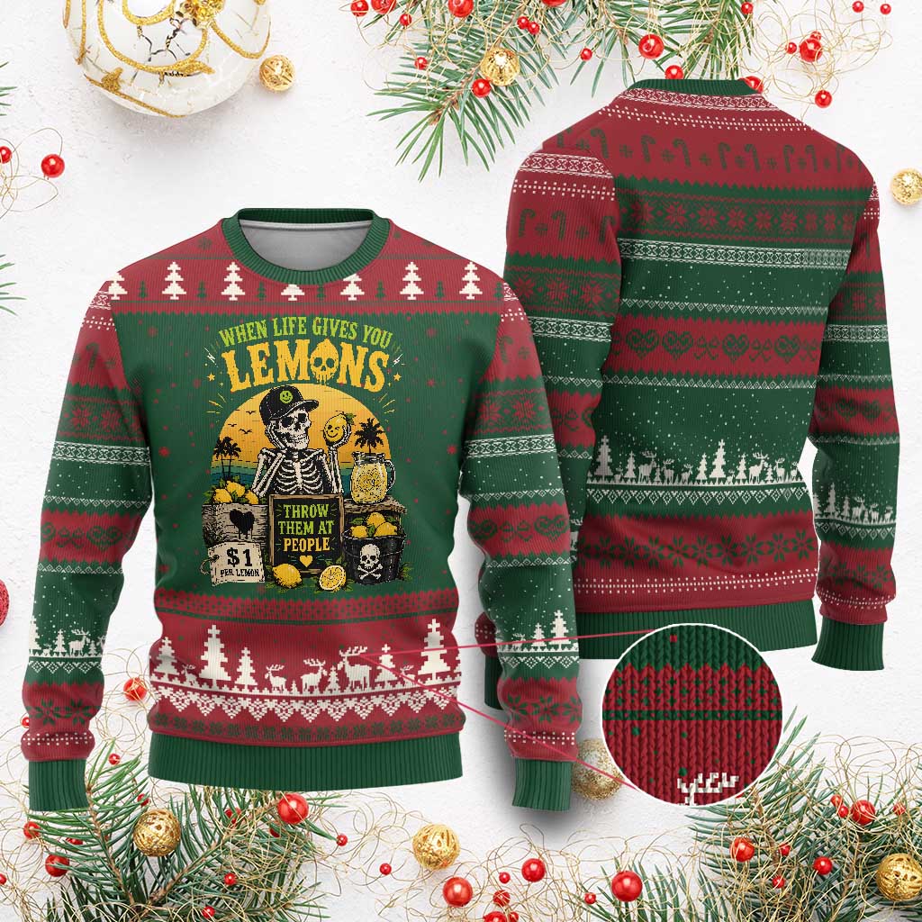 When Life Gives You Lemons Throw Them At People Ugly Christmas Sweater Skeleton Lemon Jokes TS11 Red Green Print Your Wear