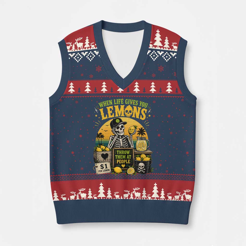 When Life Gives You Lemons Throw Them At People V-Neck Knit Sweater Vest Skeleton Lemon Jokes TS11 Navy Red Print Your Wear