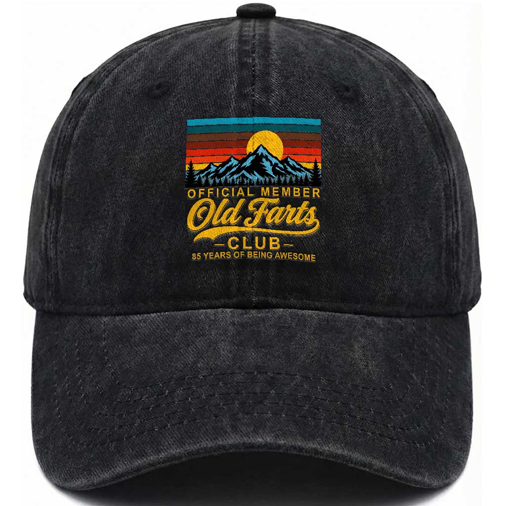 85th Birthday Official Member Old Fart Club Washed Cotton Baseball Cap 85 Years of Being Awesome Funny Fart Joke Retro TS11 Print Your Wear