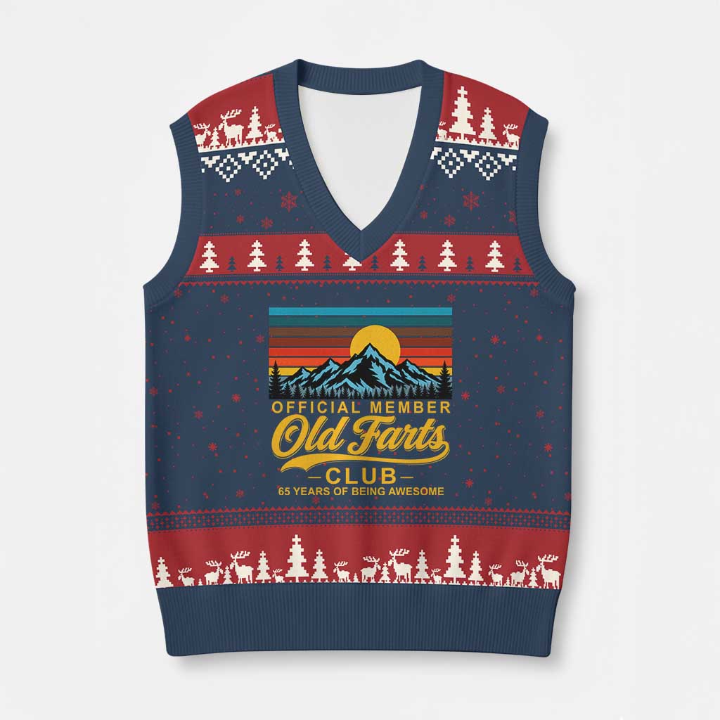 65th Birthday Official Member Old Fart Club V-Neck Knit Sweater Vest 65 Years of Being Awesome Funny Fart Joke Retro TS11 Navy Red Print Your Wear