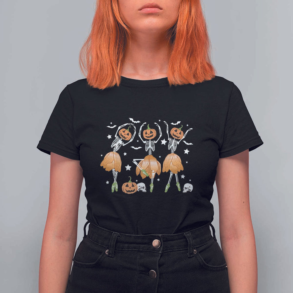 Funny Halloween T Shirt For Women Ballerina Pumpkin Skeleton Pumpkin Flower TS11 Black Print Your Wear