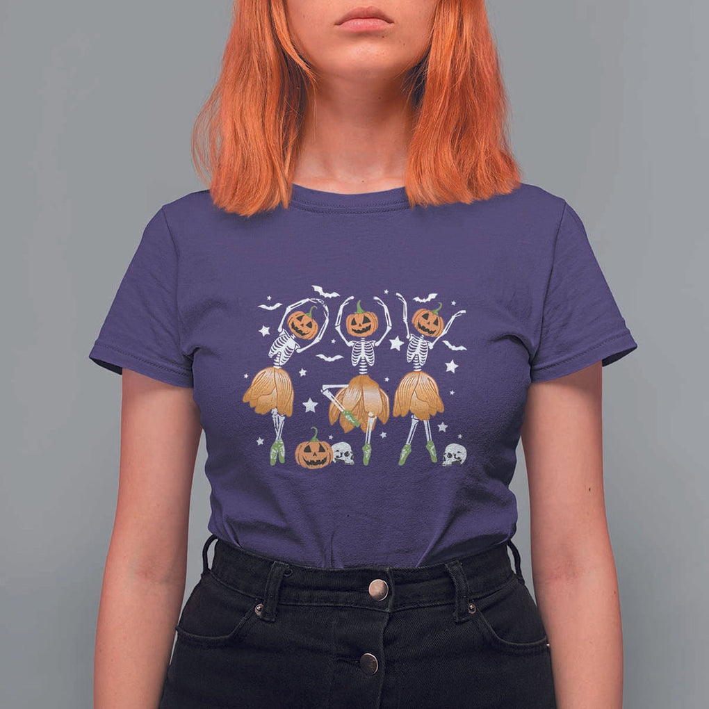Funny Halloween T Shirt For Women Ballerina Pumpkin Skeleton Pumpkin Flower TS11 Purple Print Your Wear