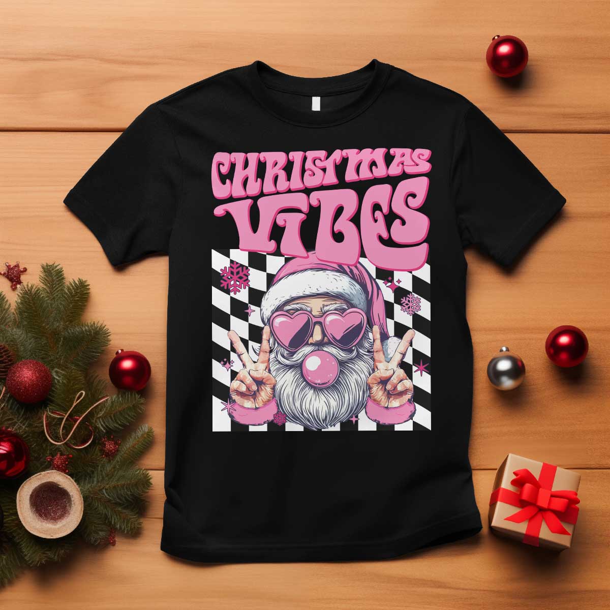 Funny Pink Santa Christmas T Shirt Christmas Vibes Checkboard TS11 Black Print Your Wear
