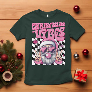 Funny Pink Santa Christmas T Shirt Christmas Vibes Checkboard TS11 Dark Forest Green Print Your Wear