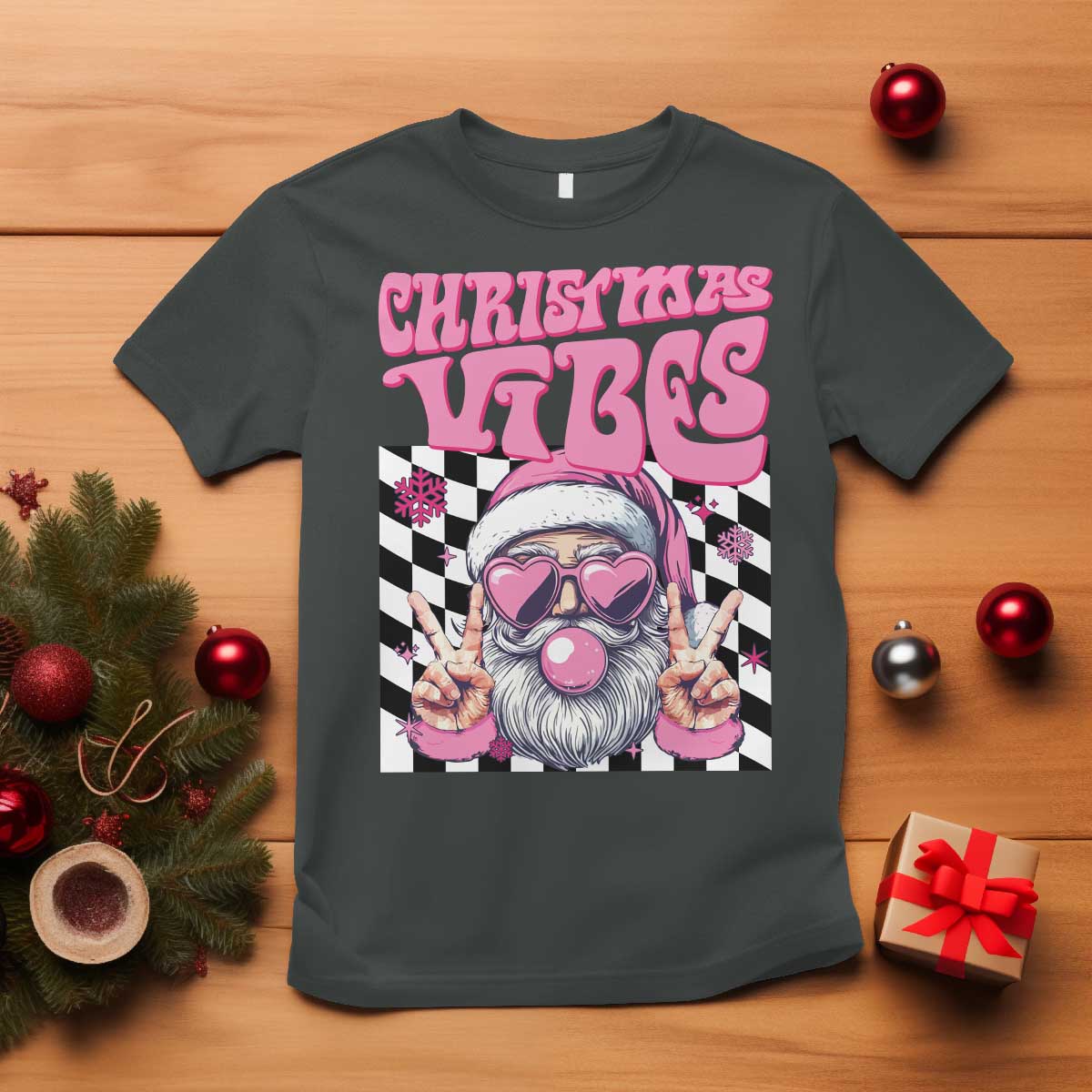 Funny Pink Santa Christmas T Shirt Christmas Vibes Checkboard TS11 Dark Heather Print Your Wear
