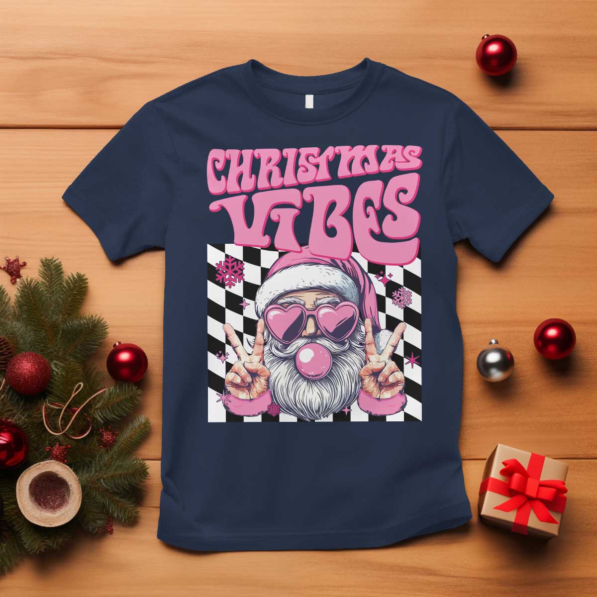 Funny Pink Santa Christmas T Shirt Christmas Vibes Checkboard TS11 Navy Print Your Wear