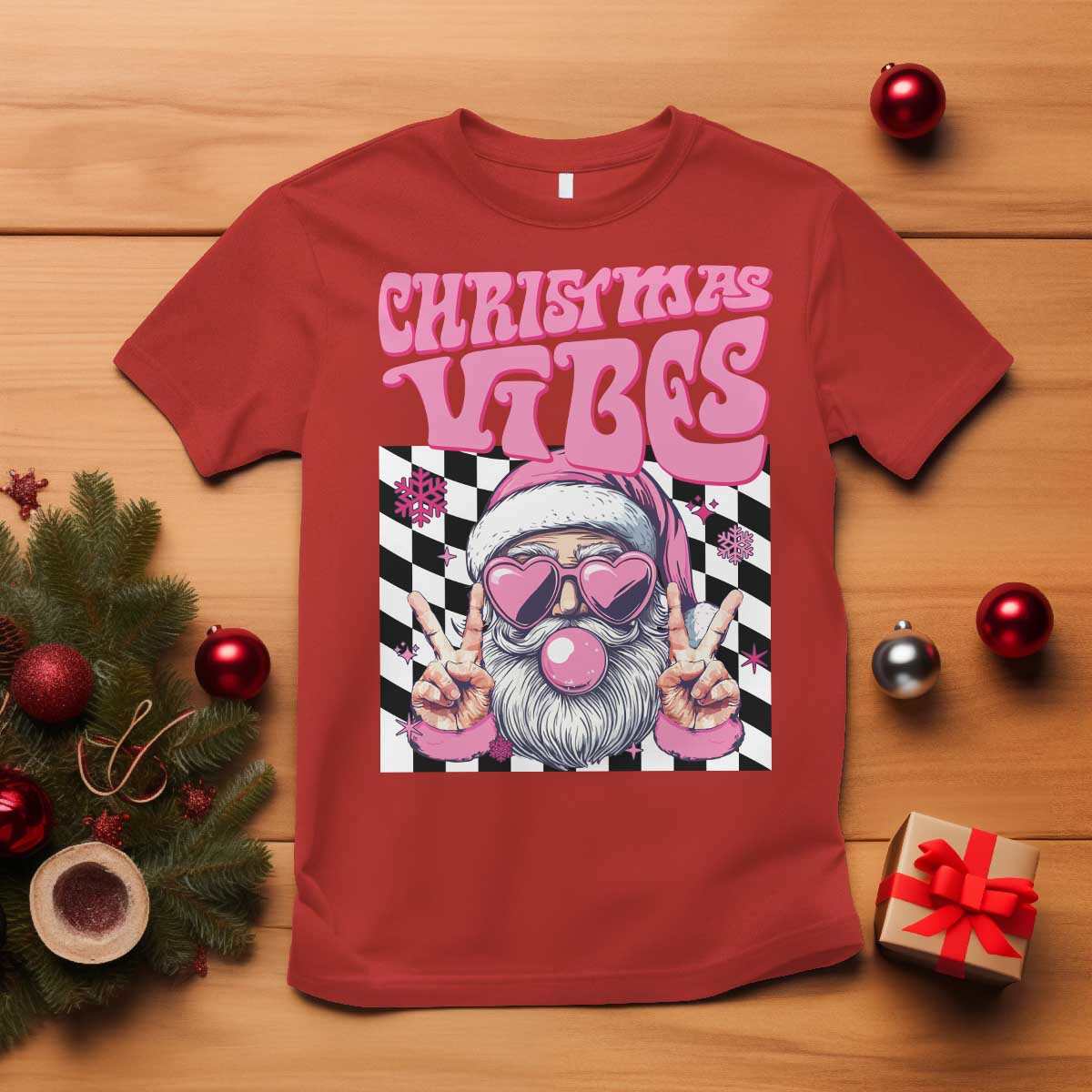 Funny Pink Santa Christmas T Shirt Christmas Vibes Checkboard TS11 Red Print Your Wear