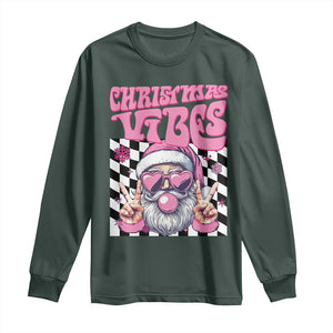 Funny Pink Santa Christmas Long Sleeve Shirt Christmas Vibes Checkboard TS11 Dark Forest Green Print Your Wear