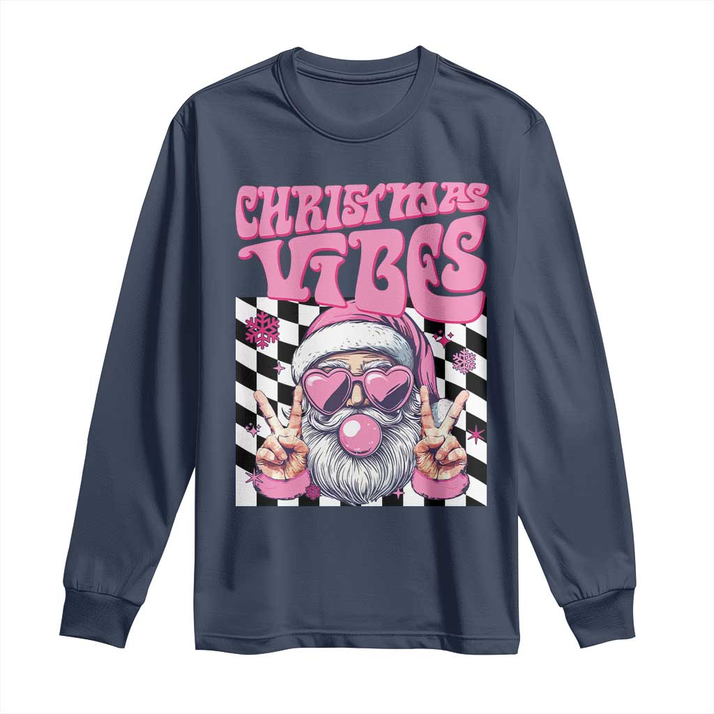Funny Pink Santa Christmas Long Sleeve Shirt Christmas Vibes Checkboard TS11 Navy Print Your Wear