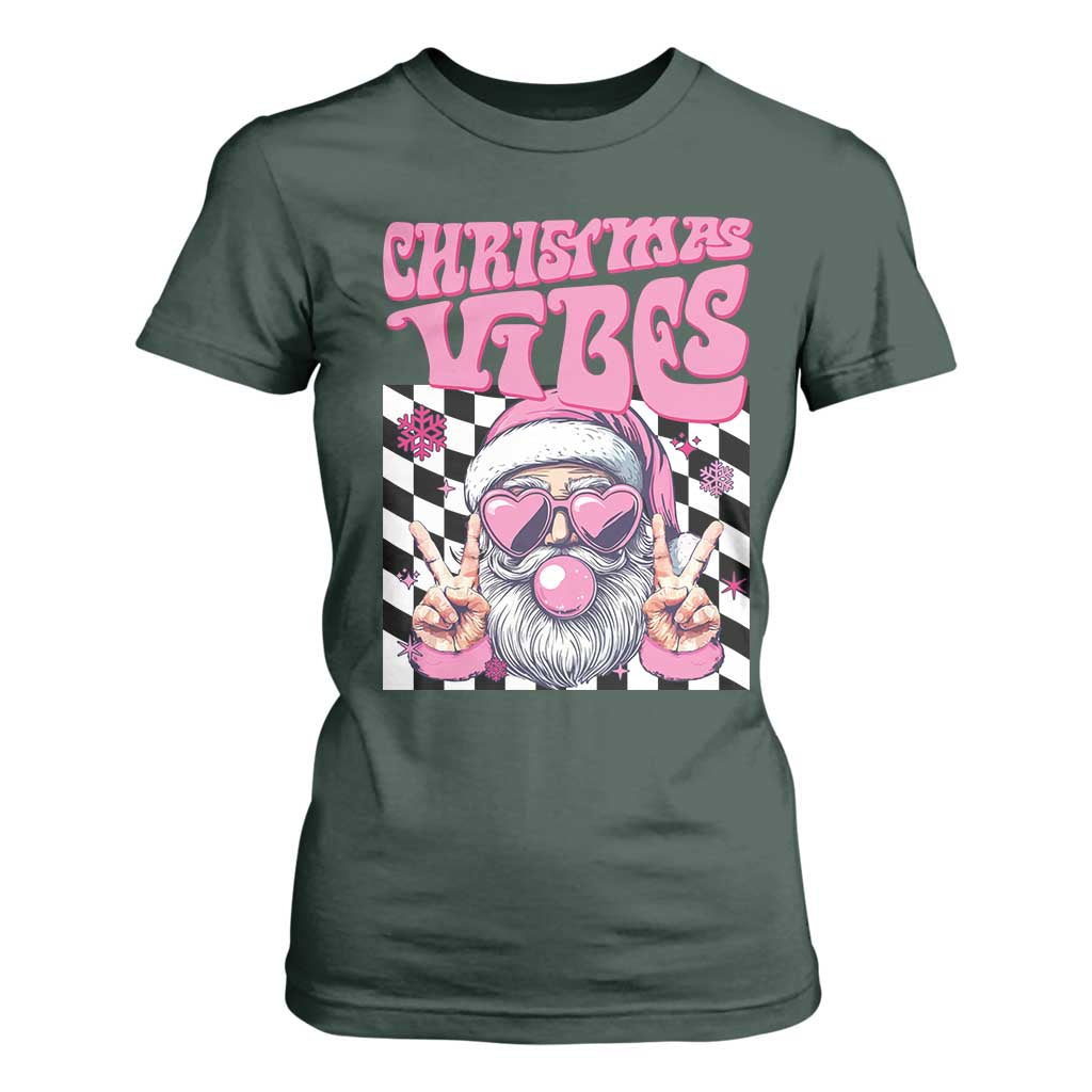 Funny Pink Santa Christmas T Shirt For Women Christmas Vibes Checkboard TS11 Dark Forest Green Print Your Wear