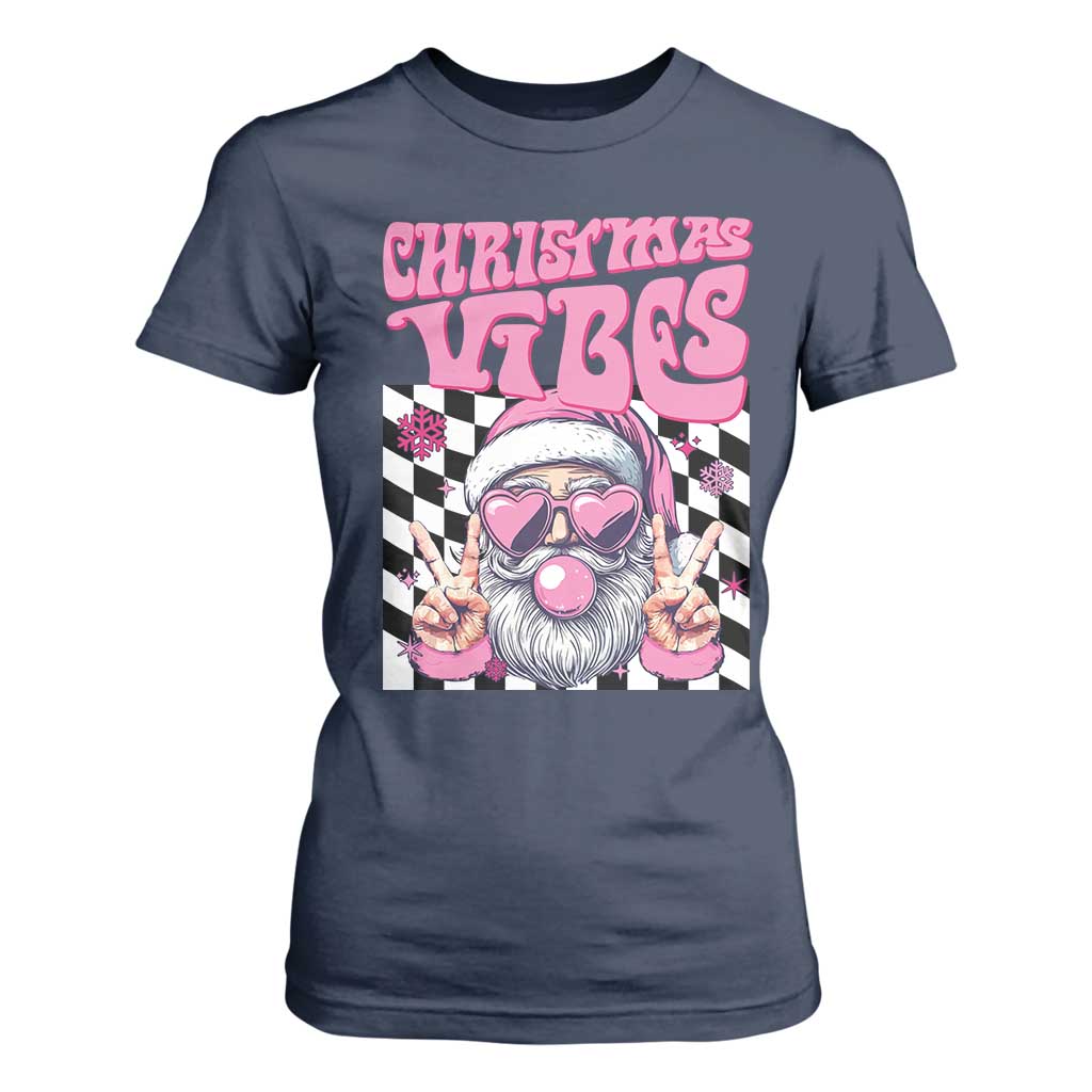 Funny Pink Santa Christmas T Shirt For Women Christmas Vibes Checkboard TS11 Navy Print Your Wear