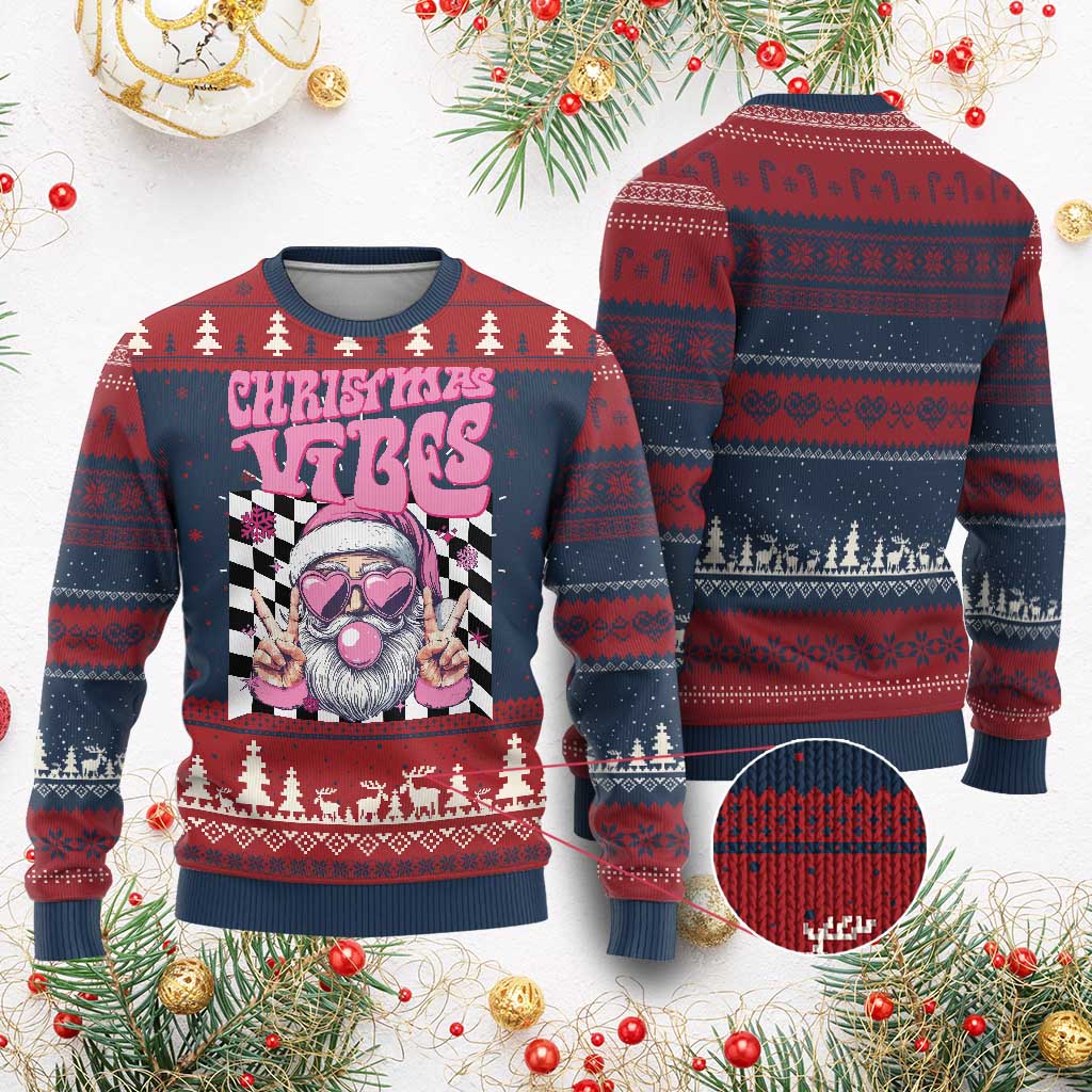 Funny Pink Santa Xmas Ugly Christmas Sweater Xmas Vibes Checkboard TS11 Burgundy Print Your Wear