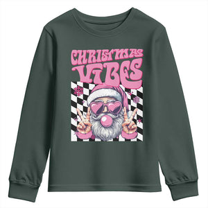 Funny Pink Santa Christmas Youth Sweatshirt Christmas Vibes Checkboard TS11 Dark Forest Green Print Your Wear