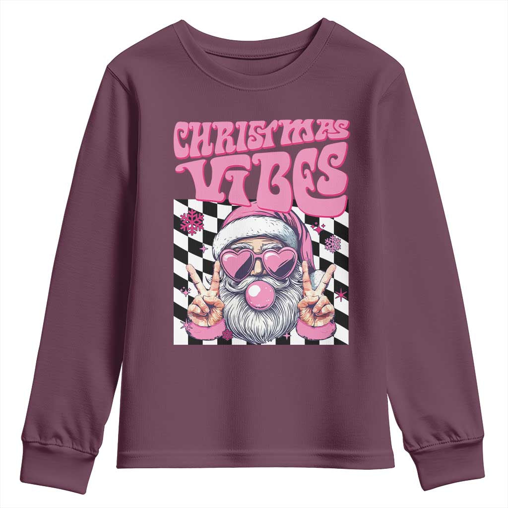 Funny Pink Santa Christmas Youth Sweatshirt Christmas Vibes Checkboard TS11 Maroon Print Your Wear