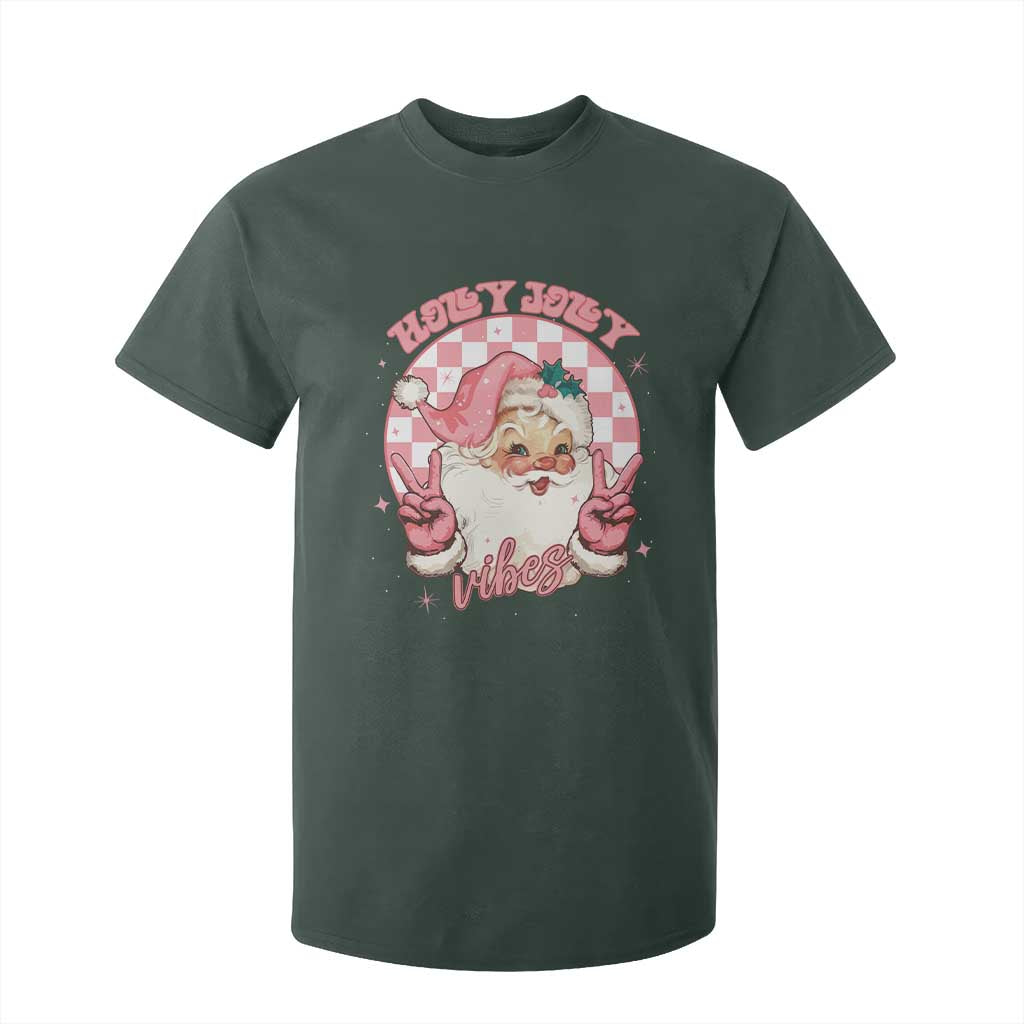 Funny Christmas T Shirt For Kid Holly Jolly Vibes Retro Pink Santa TS11 Dark Forest Green Print Your Wear
