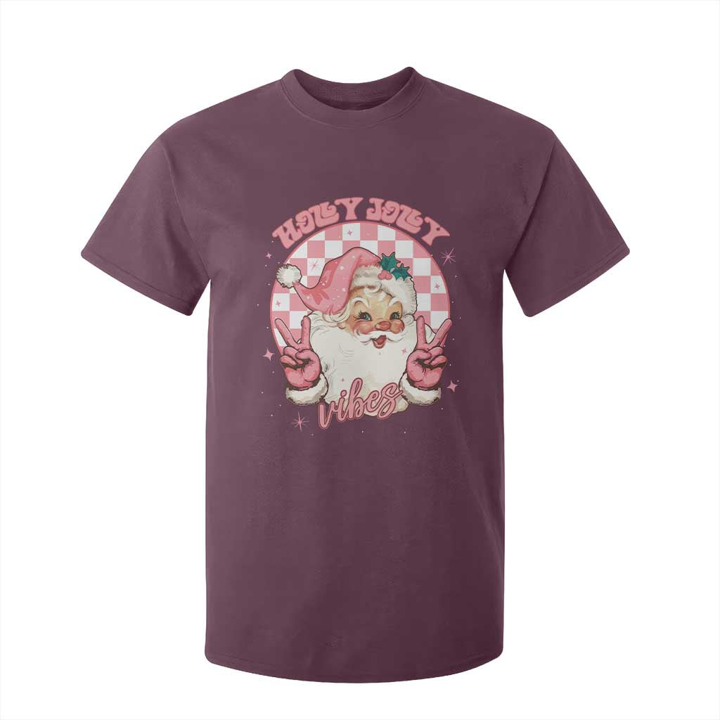 Funny Christmas T Shirt For Kid Holly Jolly Vibes Retro Pink Santa TS11 Maroon Print Your Wear