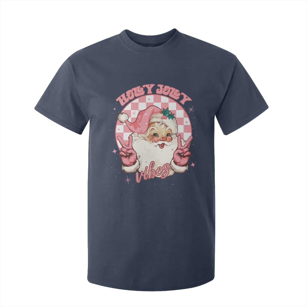 Funny Christmas T Shirt For Kid Holly Jolly Vibes Retro Pink Santa TS11 Navy Print Your Wear